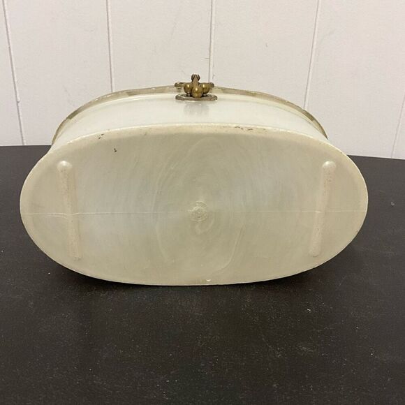 Vintage 1950s Lucite Marbleized Pearl Top Handle Purse Round Box Makeup Containe - Picture 12 of 14